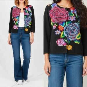 Micheal Simon Beaded Embroidered Rose Floral Sweater Cardigan Size Small Silk